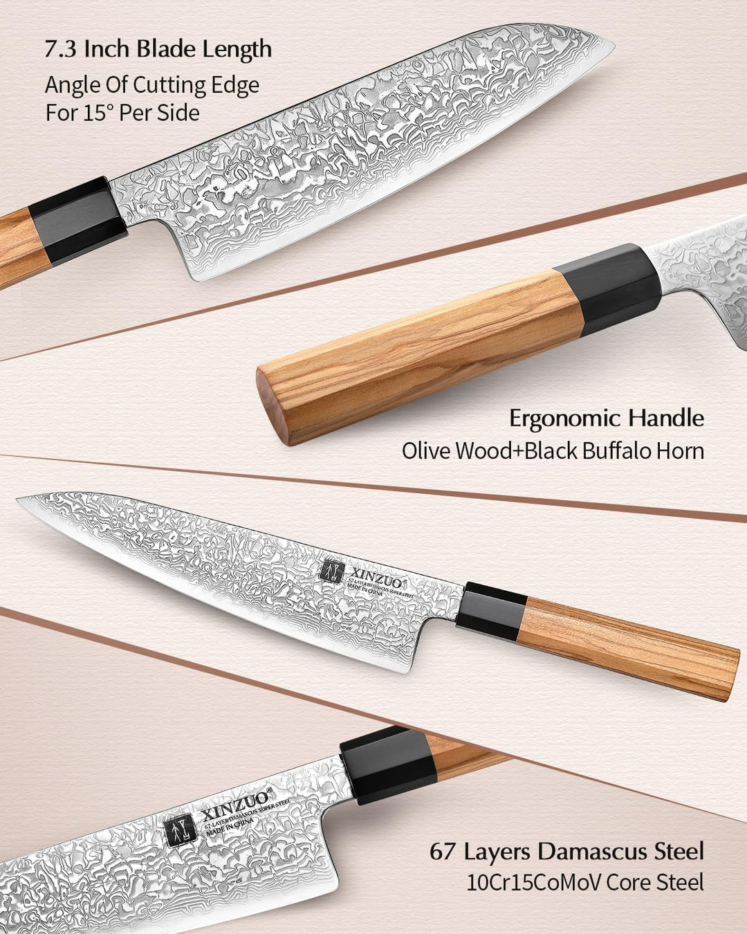 XINZUO Küchenmesser Set 5er 67 Schichten Damaststahl Chefmesser Set, Profi Geschmiedet Damaskus mess