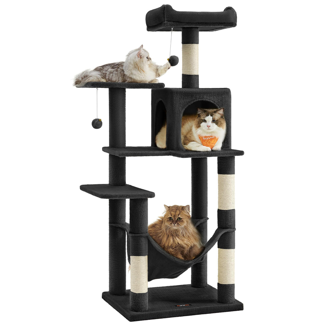 Feandrea Kratzbaum, 143 cm hoch, Katzenbaum, mehrstöckiges Katzenhaus, mit 4 Kratzsäulen, 2 Plattfor