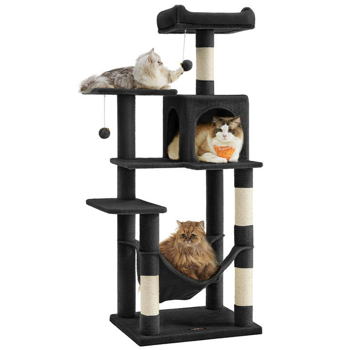 Feandrea Kratzbaum, 143 cm hoch, Katzenbaum, mehrstöckiges Katzenhaus, mit 4 Kratzsäulen, 2 Plattfor