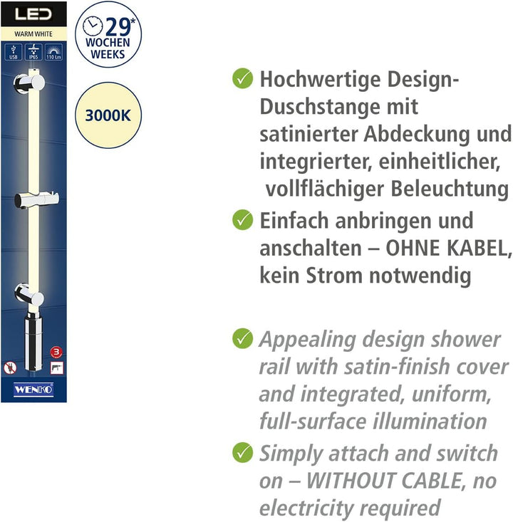 WENKO LED Design-Duschstange mit integrierter, einheitlicher & vollflächiger Beleuchtung, energiespa