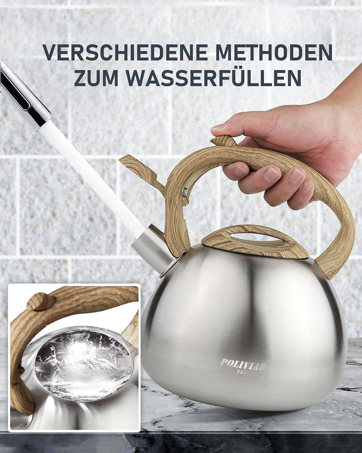 Poliviar Wasserkessel Induktion, Teekessel Induktion Edelstahl Pfeifkessel, Teekessel für alle Kochp