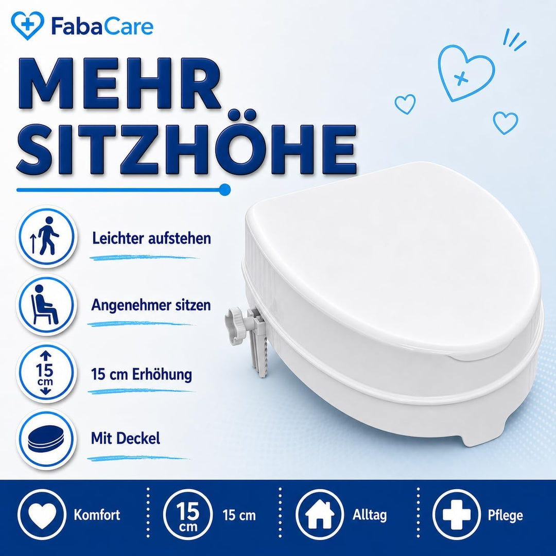 FabaCare Toilettensitzerhöhung Smart, Toilettenaufsatz, WC-Sitz bis 250 kg belastbar, 15 cm mit Deck
