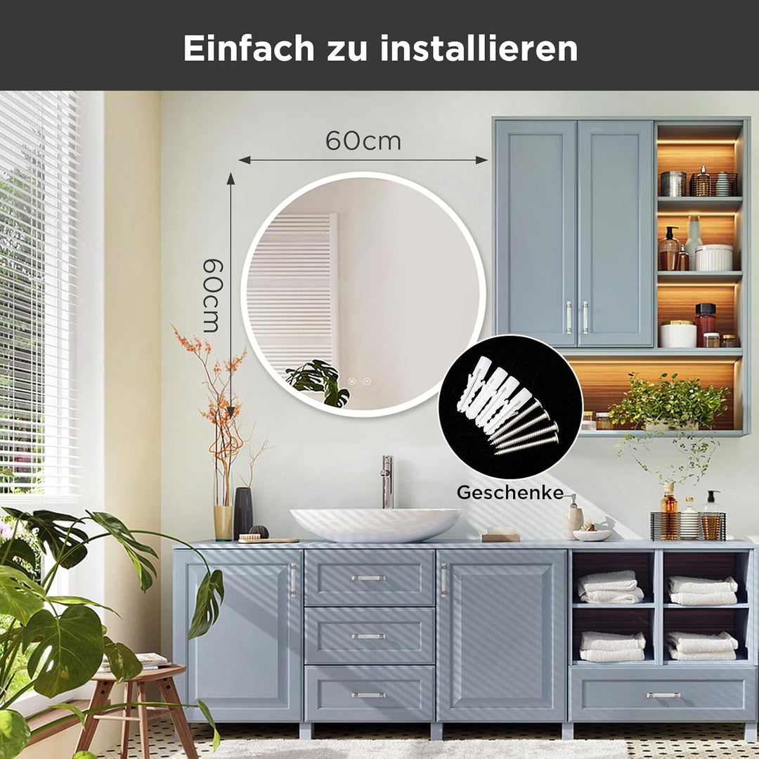 Rundspiegel 60cm mit LED-Beleuchtung, Badspiegel mit Touchschalter, 3 Lichtfarben (2700K-6500K) dimm
