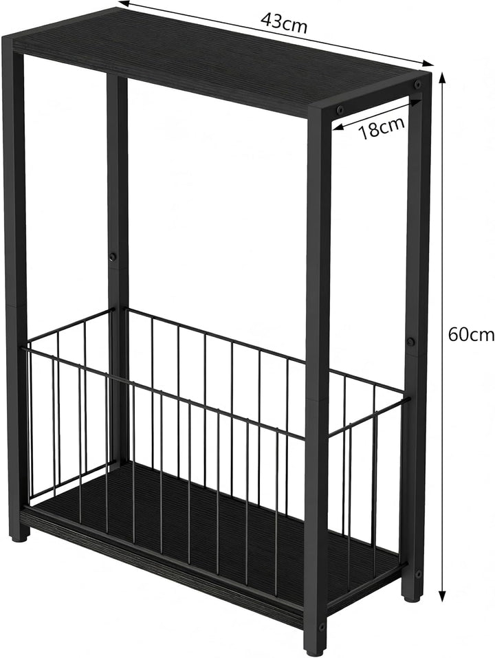 Schmaler Beistelltisch mit Zeitschriftenhalter, Schwarz | Eisenrahmen und MDF-Platte, 18 x 43 x 60 c
