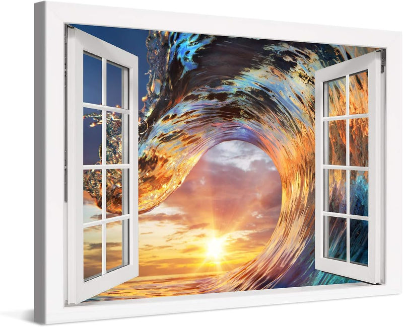 PICANOVA – Bild auf Leinwand Wellen-Sonnenuntergang Fenster 120x80cm – Leinwandbild – Premium Leinwa