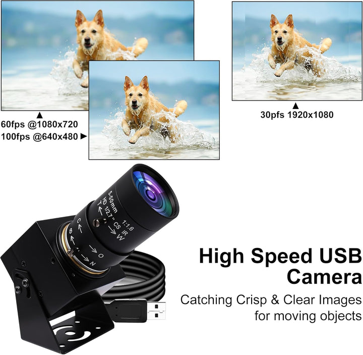 Mermaid 1080P USB-Webcam mit 5-50mm Teleobjektiv, Full-HD-Computerkamera mit 100 fps/60 fps/30 fps f