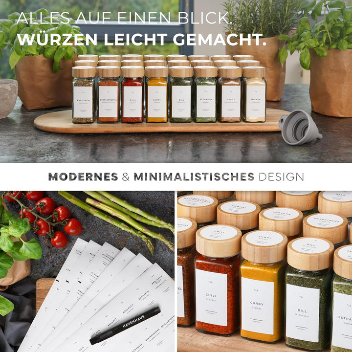 Havenhaus Premium Gewürzgläser Set Bambus | 24 Gewürz Organizer inkl. 336 deutschen Gewürzetiketten