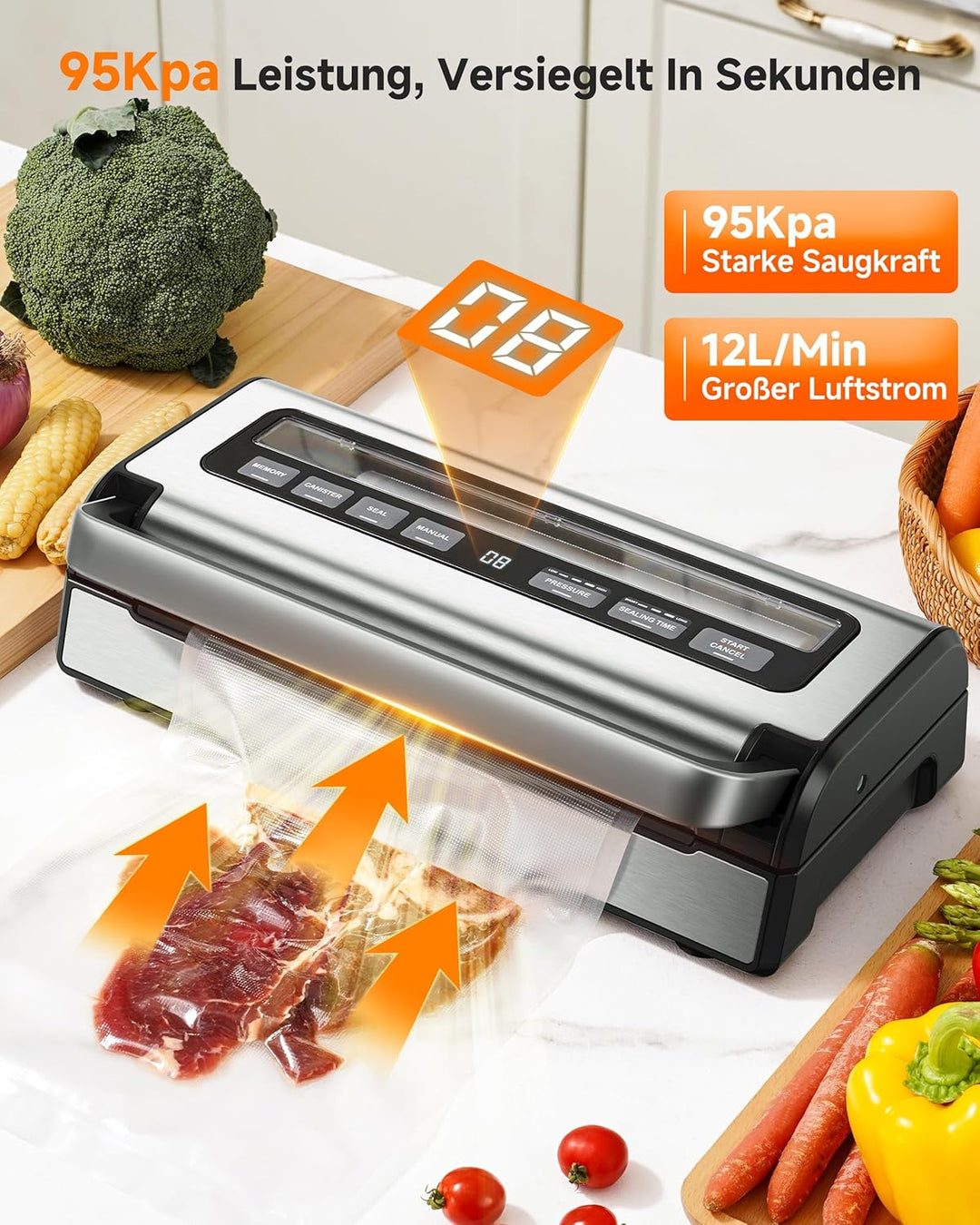 Vakuumiergerät 95 kPa,9-in-1 Lebensmittel-Vakuumierer mit einstellbarem Zeit- & Druckmodus,Speicherf