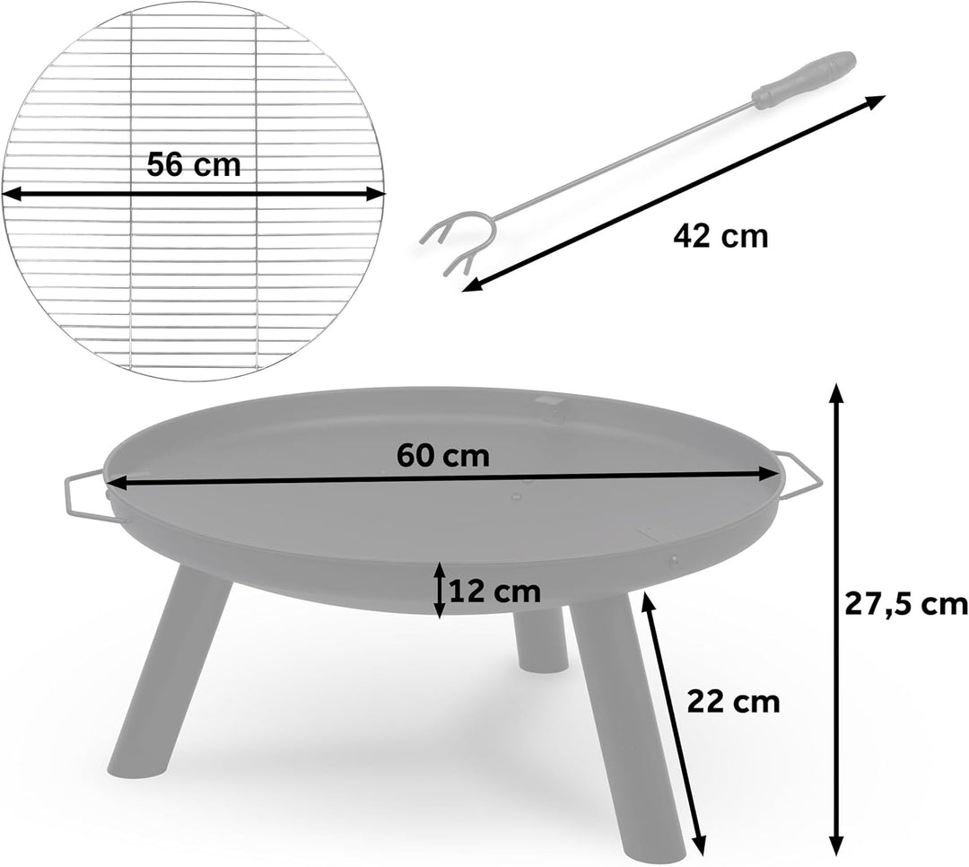 Berdsen Feuerschale mit Rost 60 cm Feuerstelle Outdoor Feuerkorb Garten Rostfrei Stahl Pulverbeschic