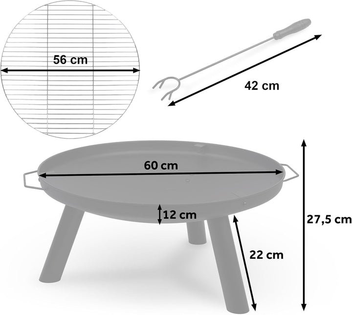 Berdsen Feuerschale mit Rost 60 cm Feuerstelle Outdoor Feuerkorb Garten Rostfrei Stahl Pulverbeschic