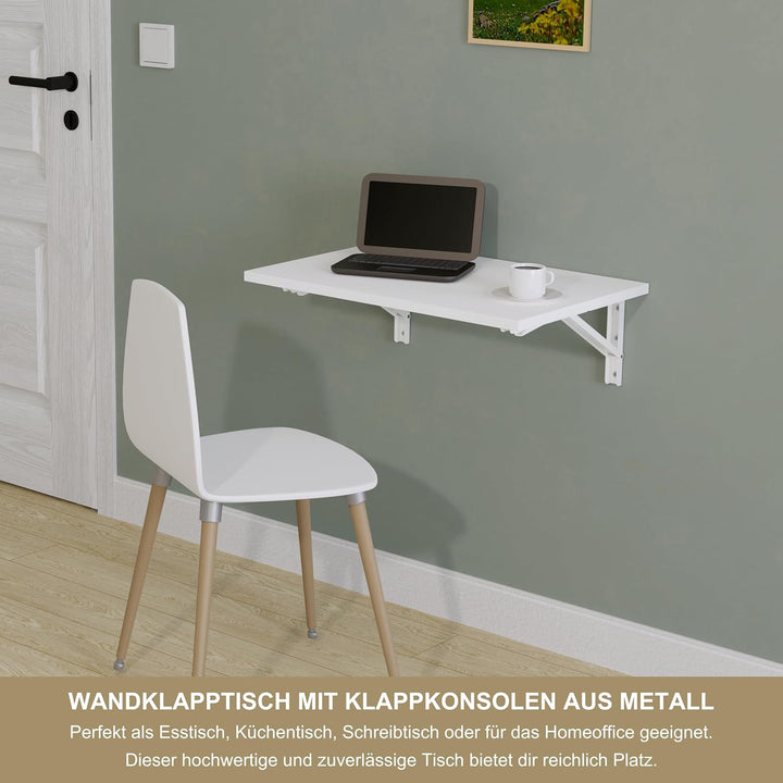 KDR Wandklapptisch 60x40 cm Weiss – Klappbarer Tisch zur Wandmontage – als Esstisch, Schreibtisch, K
