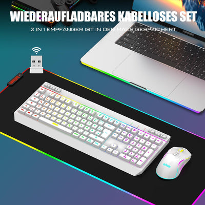 RedThunder K20 Rechargeable Kabelloses Tastatur und Maus Set, QWERTZ DE Layout, RGB Hintergrundbeleu
