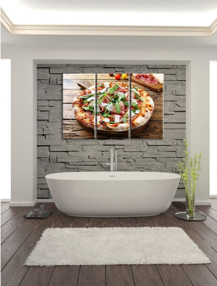 Pixxprint Prosciutto Pizza mit Rucola und Parmesan auf rustikalem Holztisch 3-Teiler Leinwandbild 12