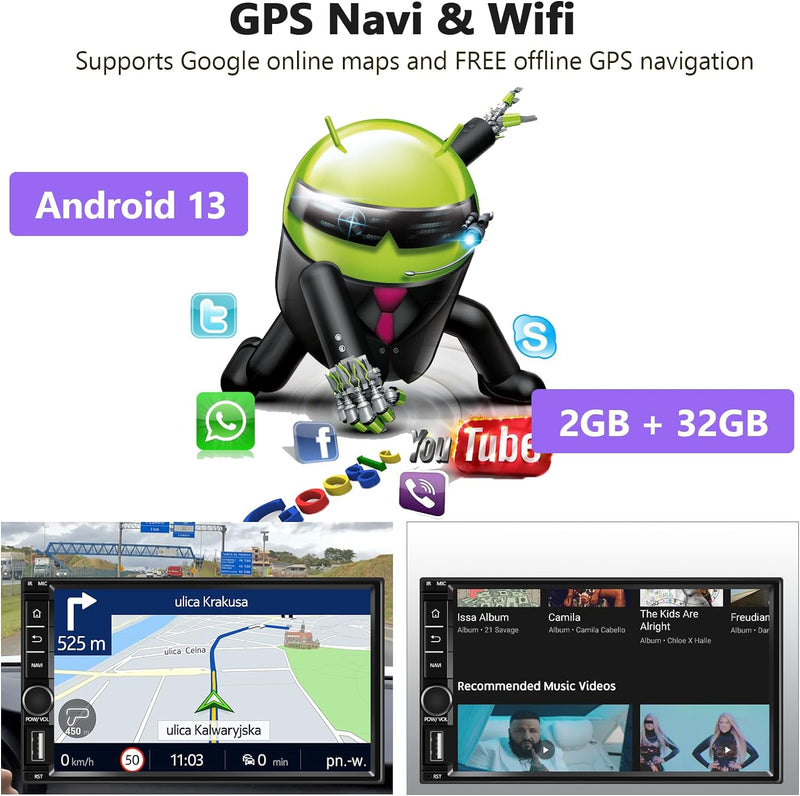 2GB+32GB Android 11 Autoradio Doppel Din 7 Zoll Touchscreen Bildschirm GPS-Navigation, WiFi, Bluetoo