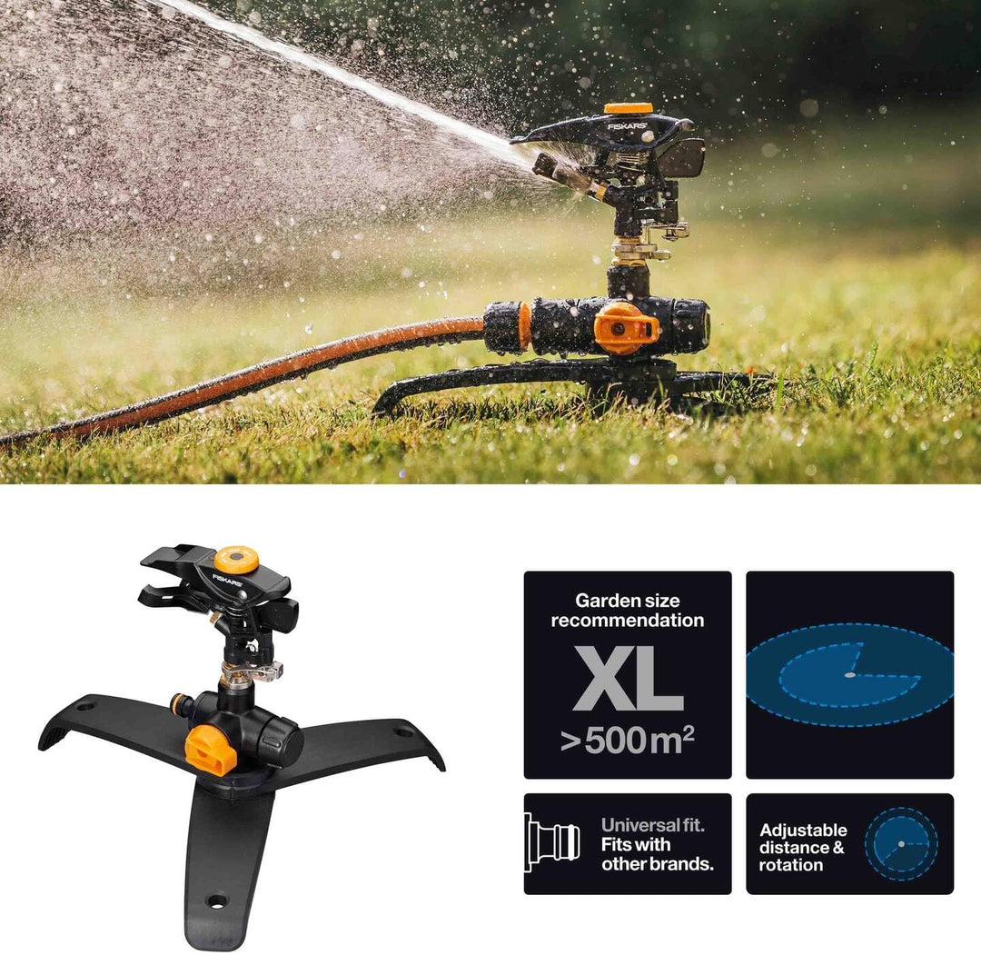 Fiskars Pulsierender Sprinkler XL, On/Off-Ventil, Mit Sprühbildkontrolle und Rotationskontrolle, Uni