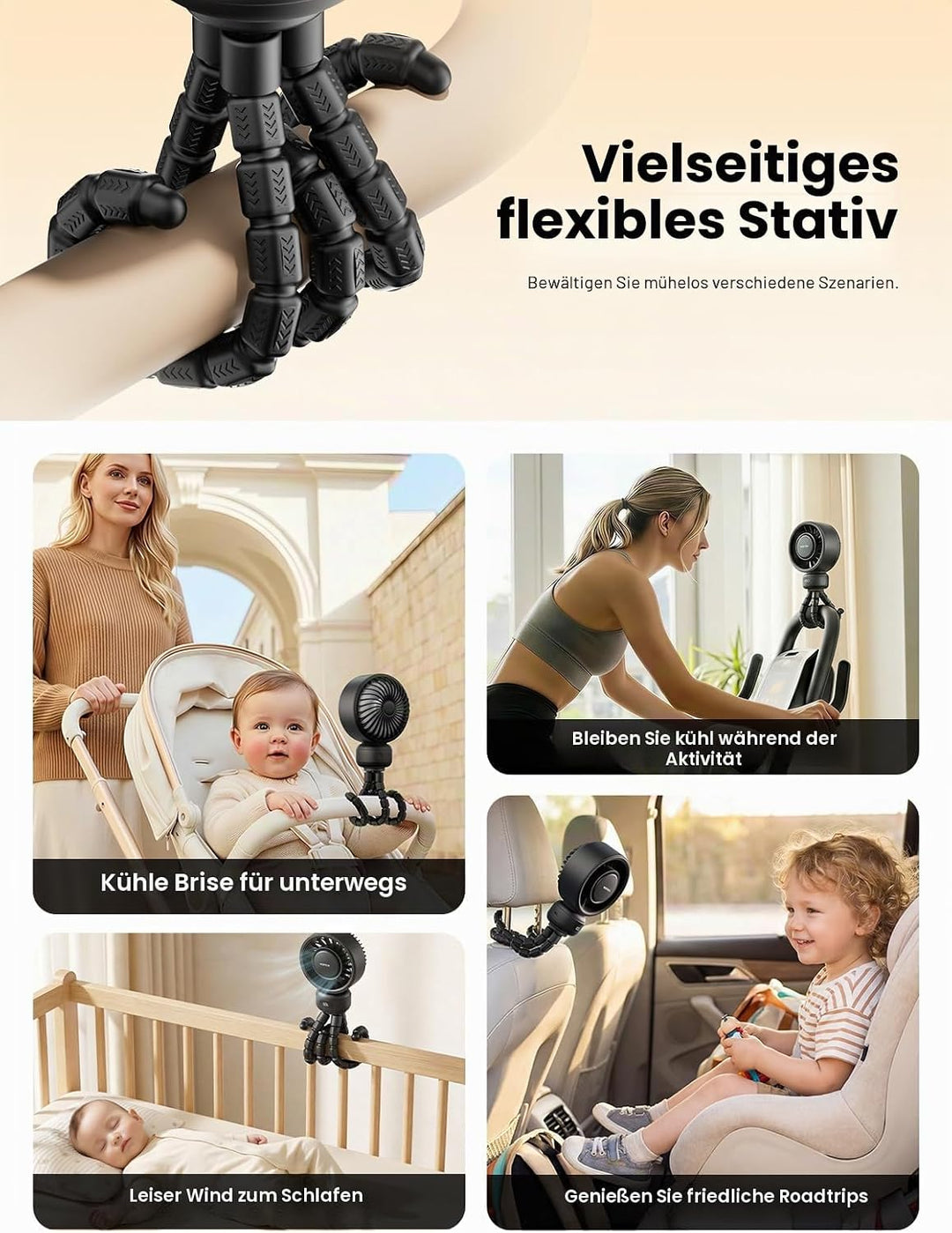 Warmco Tragbarer Kinderwagen-Ventilator, 4000 mAh, wiederaufladbarer Clip-On-Stativventilator (bis z