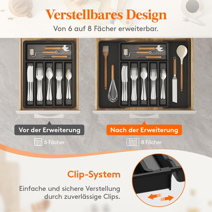 Lifewit Besteckkasten für Schubladen mit Rutschfestes TPR, verstellbarer Kunststoff Organizer Küche