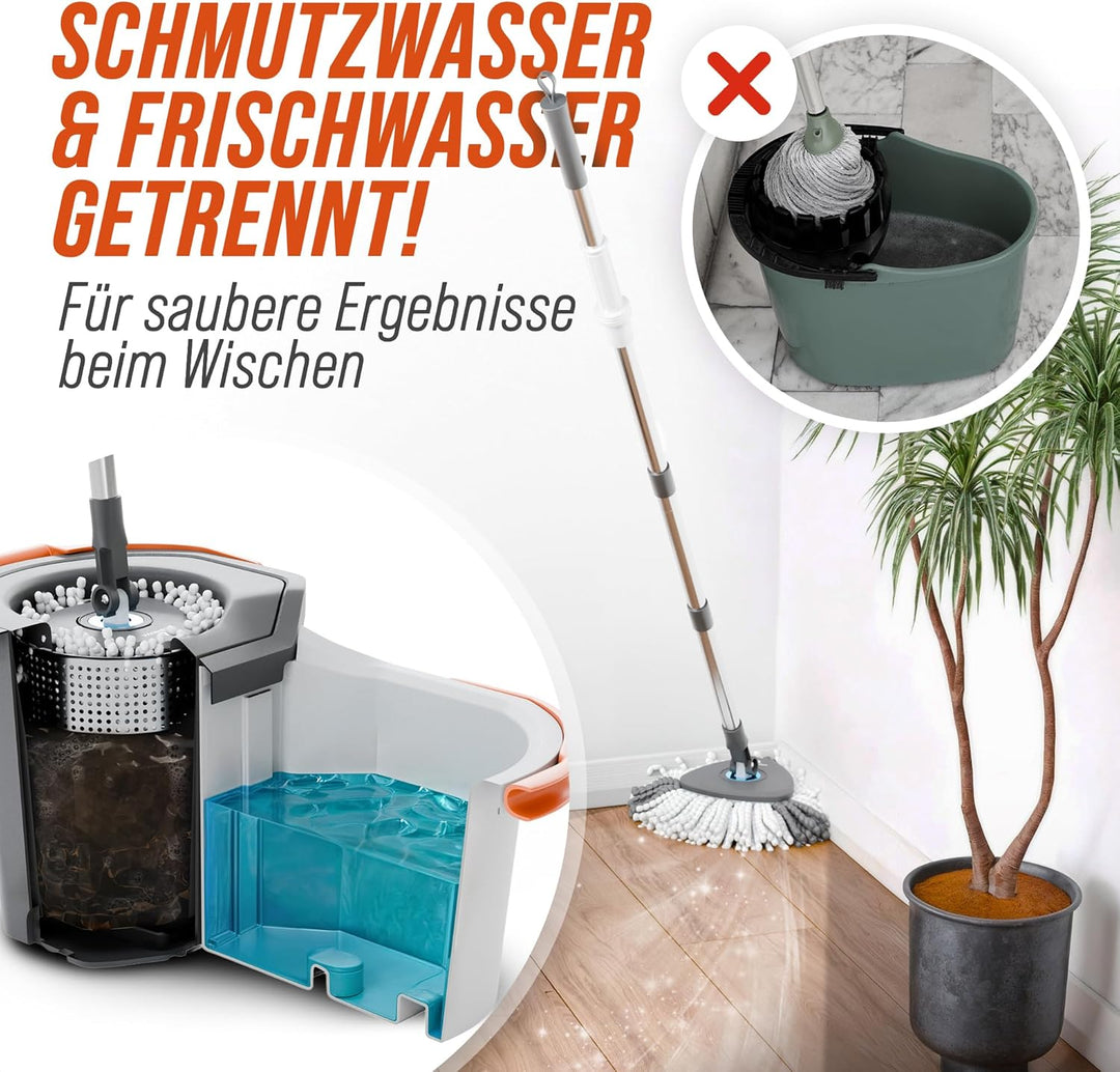 Wischmopp Set mit Eimer [Schmutzwasser Trennung] Bodenwischer mit Pedal-Auswringfunktion &amp; 2 Mikrofa