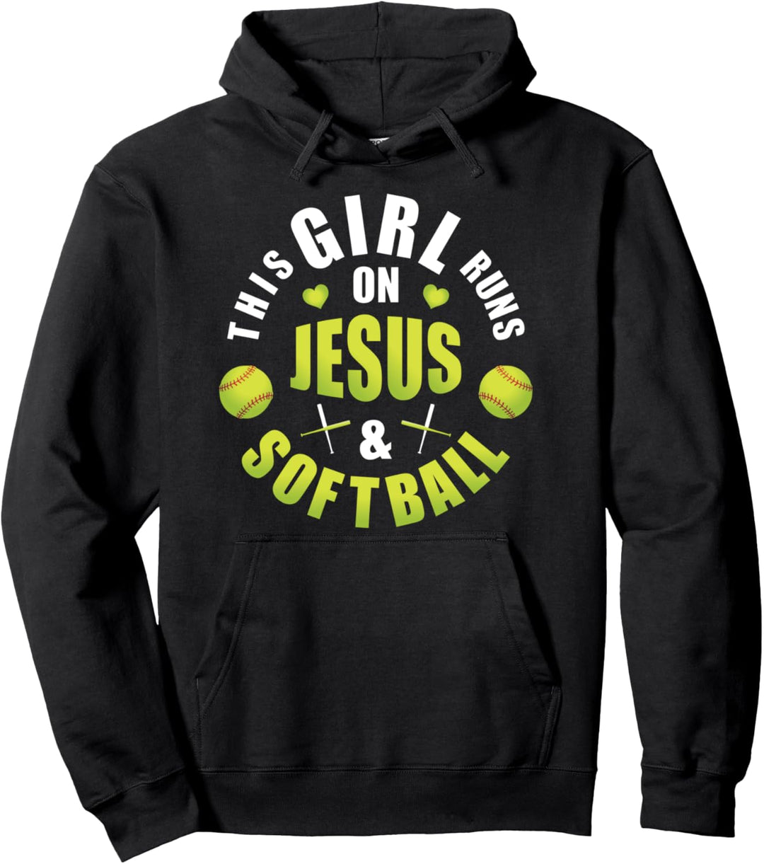 Christian Girls Gift This Girl Runs on Jesus and Softball Pullover Hoodie