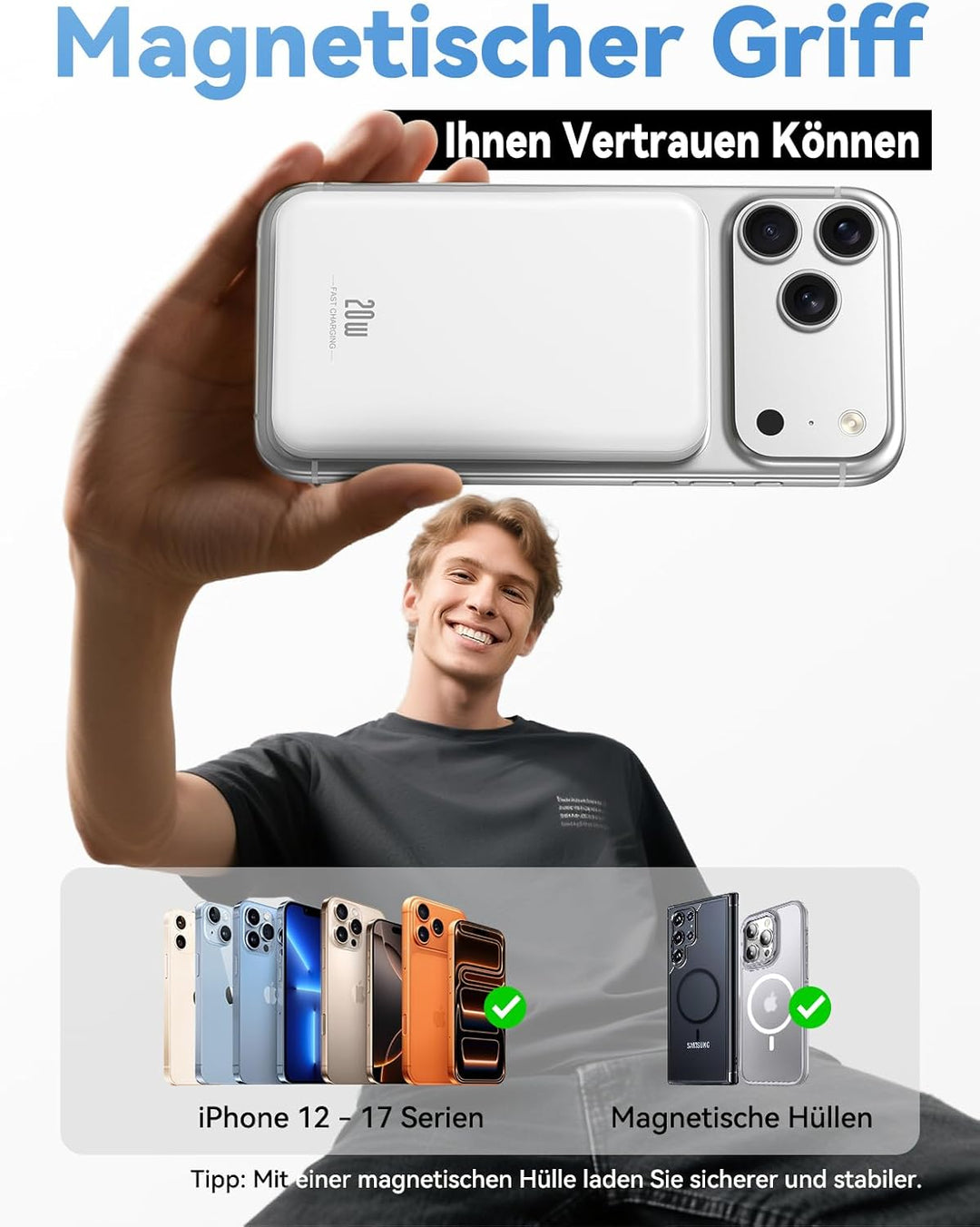 Powerbank für MagSafe,10000mAh Ultra Schnellladen Power Bank für iPhone 17 | Magnetische 20W USB-C E