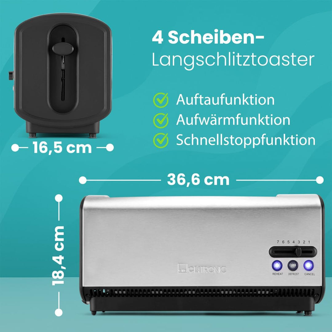 Clatronic TA 3687 4 Scheiben-Langschlitztoaster, Auftau-/Aufwärm-/Schnellstoppfunktion, Stufenlos ei