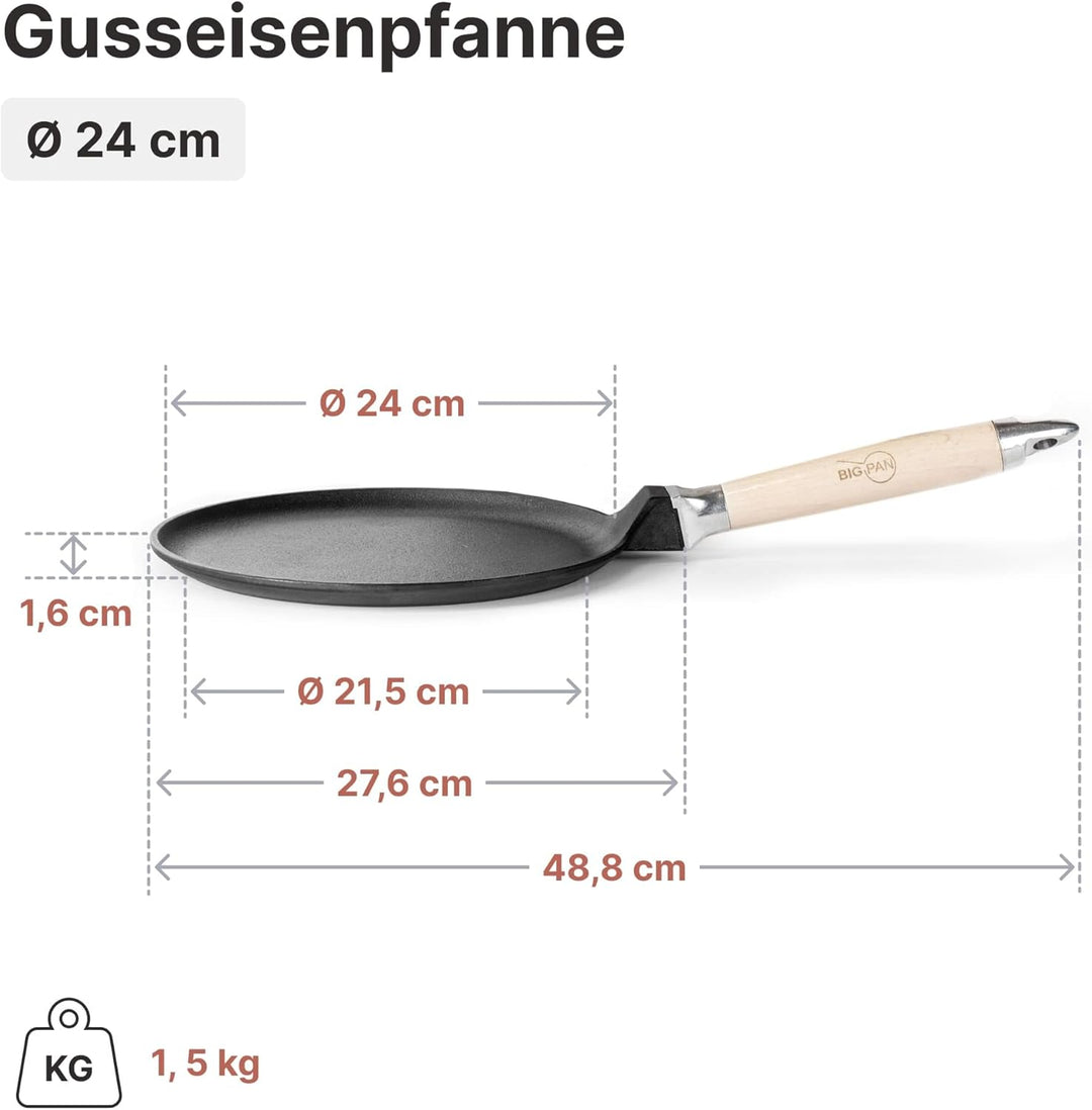 Premium Crêpepfanne Induktion 24 cm Pfannkuchenpfanne Pfanne Gusseisen UNBESCHICHTET sandgestrahlt u