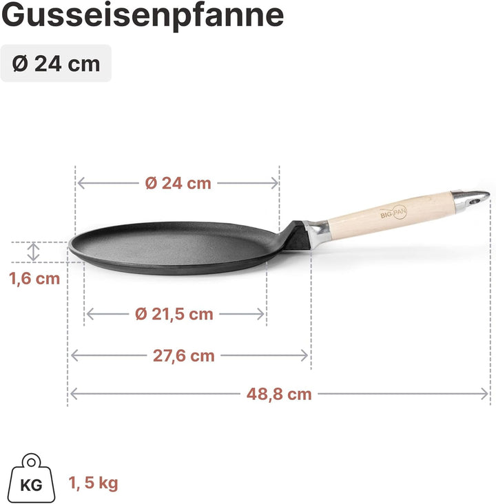Premium Crêpepfanne Induktion 24 cm Pfannkuchenpfanne Pfanne Gusseisen UNBESCHICHTET sandgestrahlt u