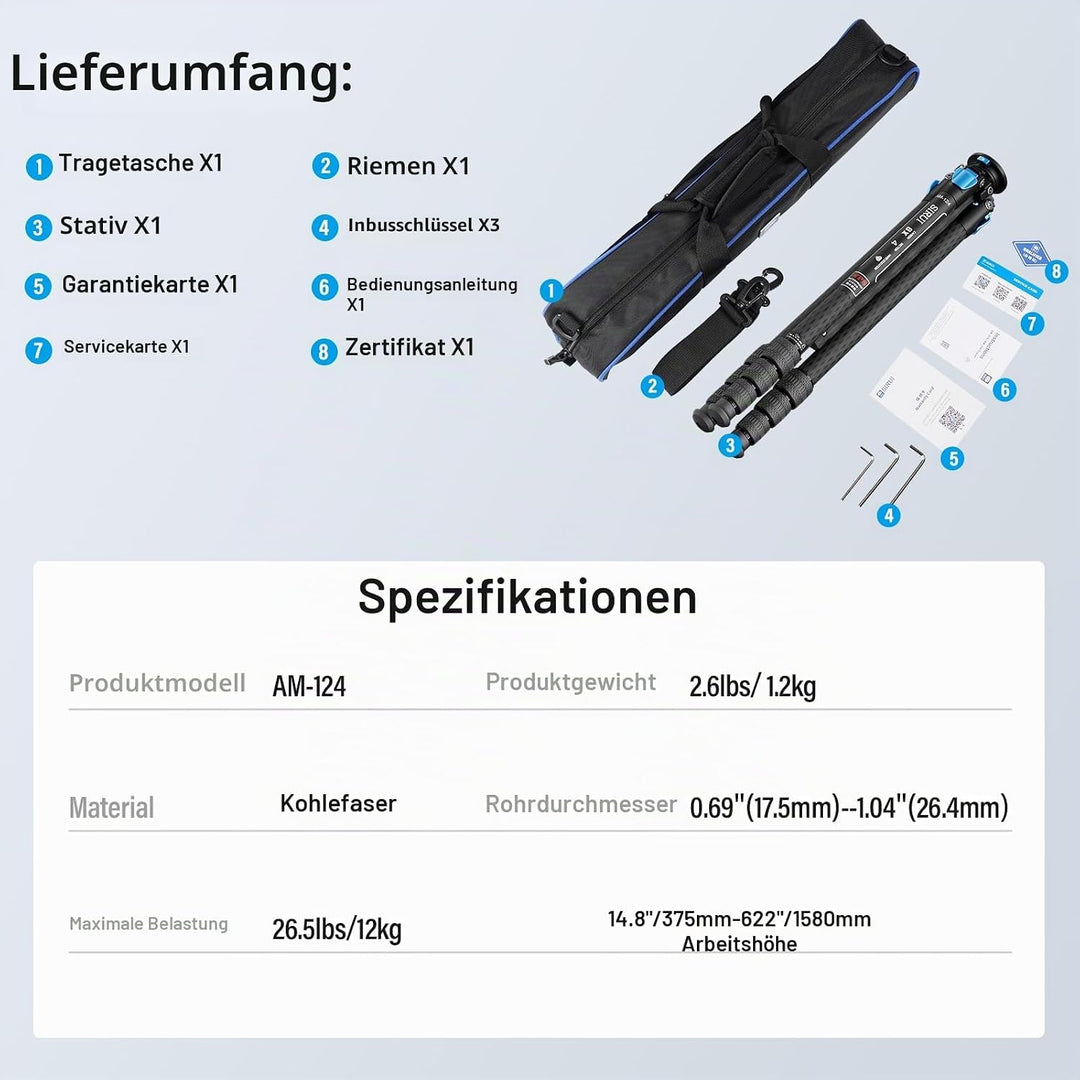 SIRUI AM124 Stativ Carbon Kamera mit dreieckiger Mittelsäule, leichtes Reisestativ Dreibein-Stative