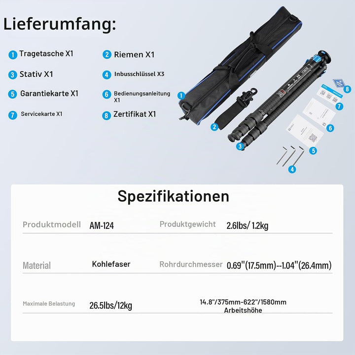 SIRUI AM124 Stativ Carbon Kamera mit dreieckiger Mittelsäule, leichtes Reisestativ Dreibein-Stative