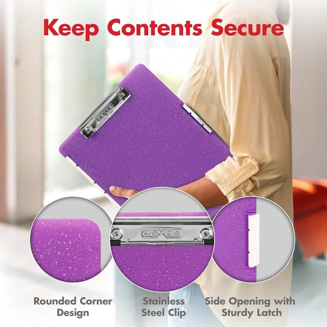 Dexas Slimcase 2, Kunststoff-Klemmbrett mit Aufbewahrung und seitlicher Öffnung, lila Glitzer, Bürob