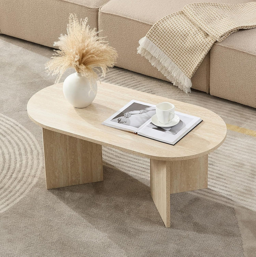 Couchtisch Oval Rund Weiss Travertin Steinoptik – 100 x 50 x 40 cm (L x B x H) Travertin Weiss, Trav