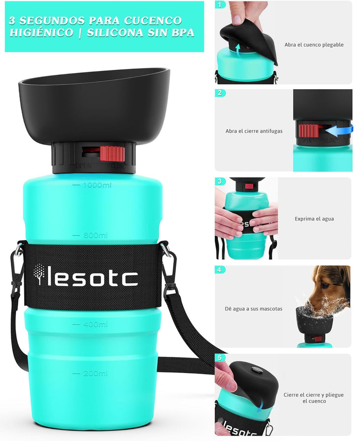 lesotc 1000ml Hundetrinkflasche für unterwegs, Faltbare Hund Auslaufsicher Wasserflasche, Hunde Wass