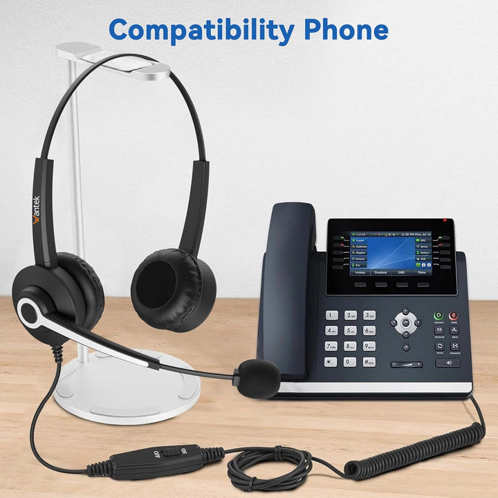 Wantek Telefon Headset Mono mit Noise Cancelling Mikrofon, Lautstärkeregler, Call Center Kopfhörer f