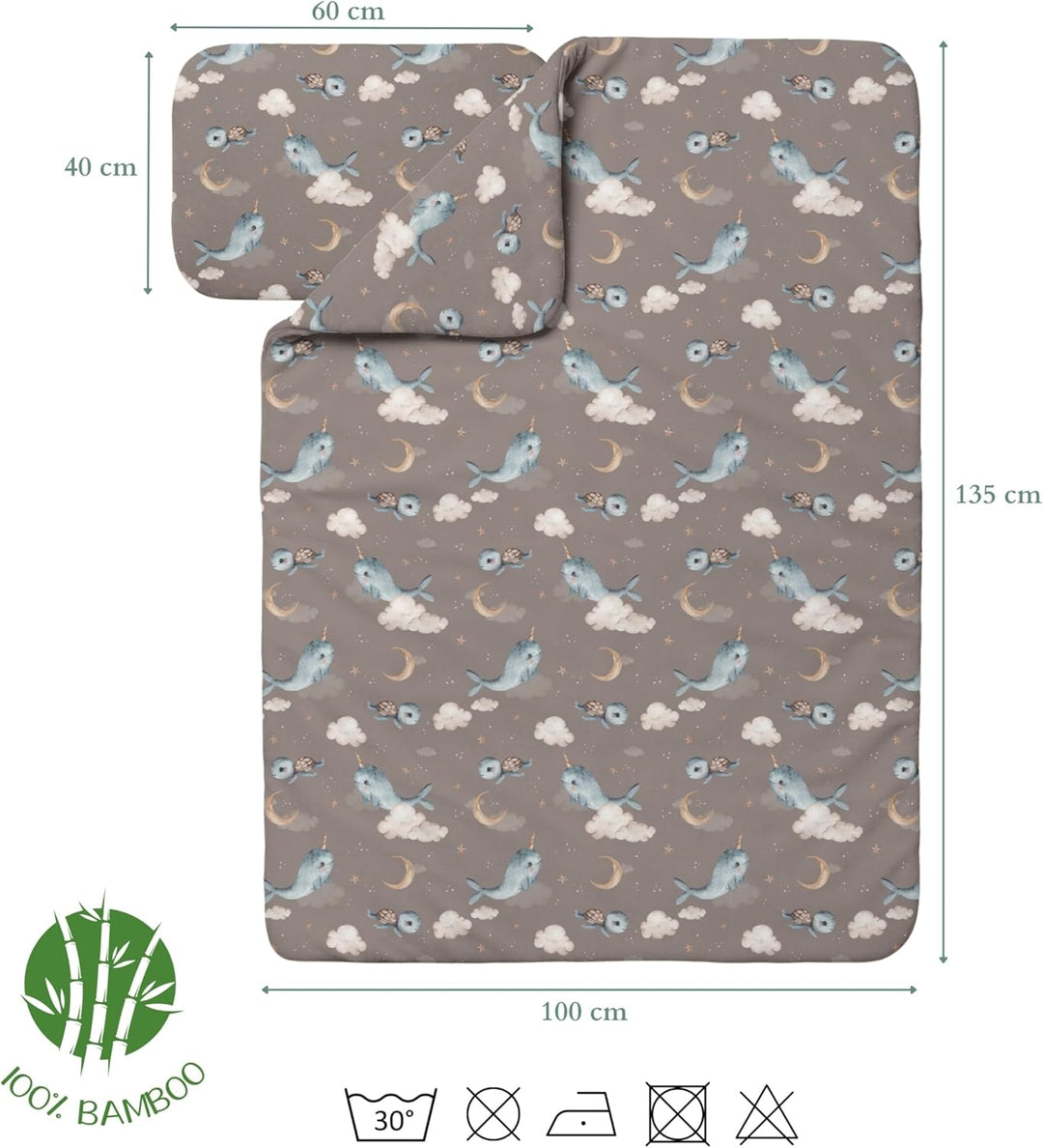 Waldin Baby Kinder Bettwäscheset 100% Bambus, ohne Bezug, Hypoallergen, Decke und Kissen, Wale/Braun