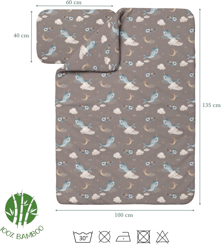 Waldin Baby Kinder Bettwäscheset 100% Bambus, ohne Bezug, Hypoallergen, Decke und Kissen, Wale/Braun