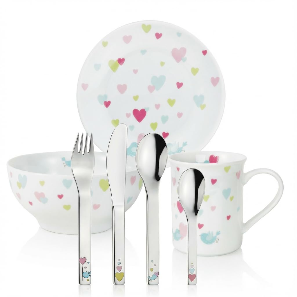 PURESIGNS Kinderset 7-teilig CORA Porzellan & Edelstahl 18/10 – Geschirr + Besteck, BPA-frei & spülm