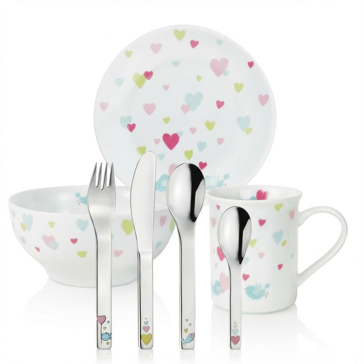PURESIGNS Kinderset 7-teilig CORA Porzellan & Edelstahl 18/10 – Geschirr + Besteck, BPA-frei & spülm