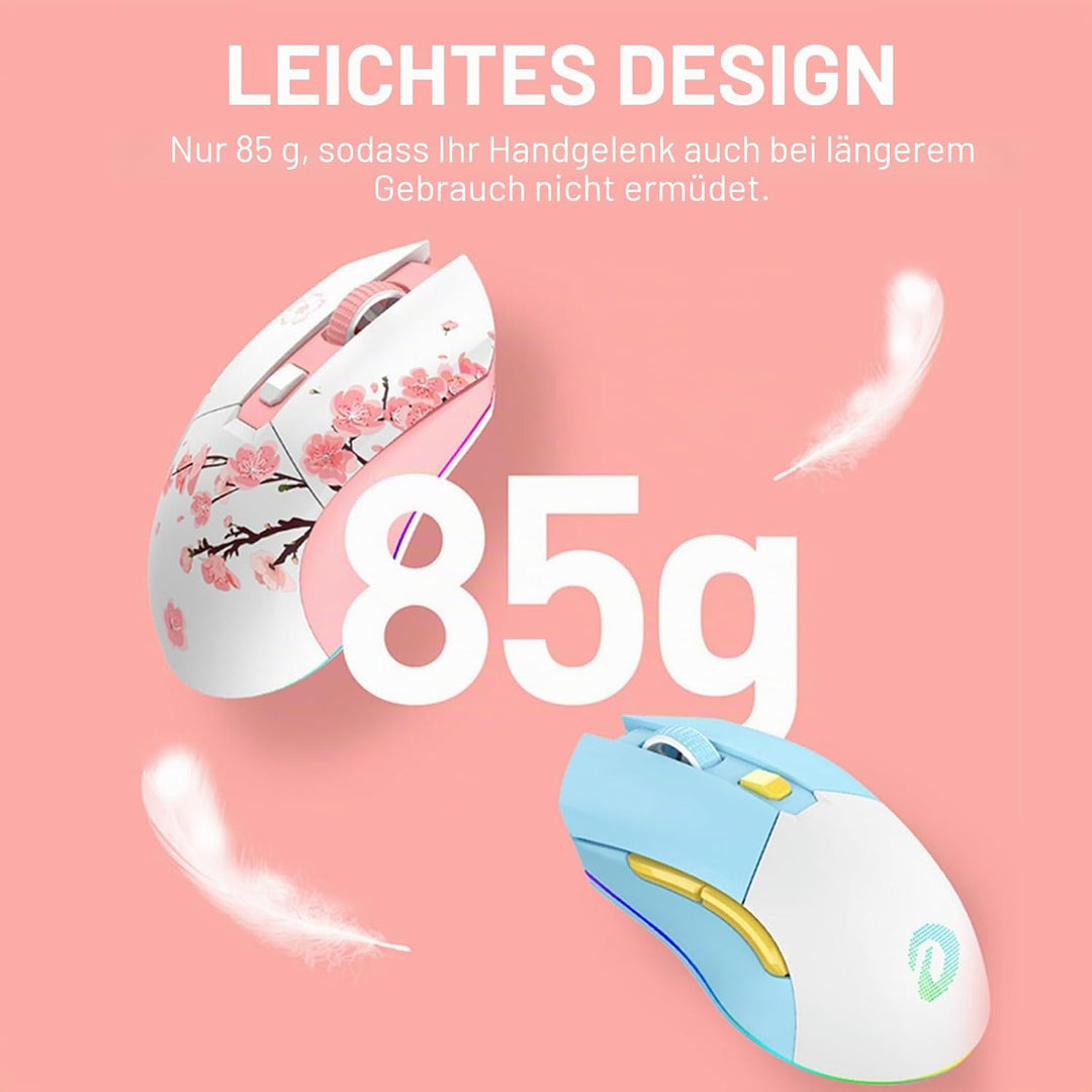 DAREU Sakura Pink Gaming Maus Kabellose mit Magnetic Charging Dock Wiederaufladbar RGB,12K DPI, 7 Pr