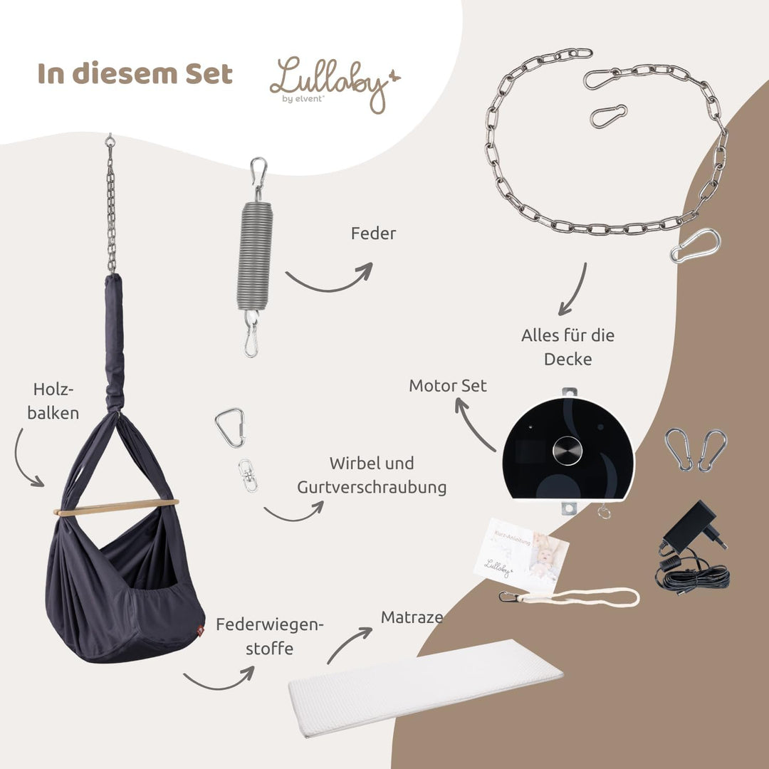 elvent® Lullaby Federwiege Set mit Matratze, Baumwolle, Made in Germany (Baby Hängewiege mit Motor &amp;
