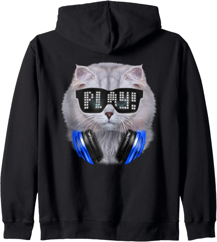 Weisse Katze, die Hipster-Sonnenbrille und Kopfhörer trägt Kapuzenjacke