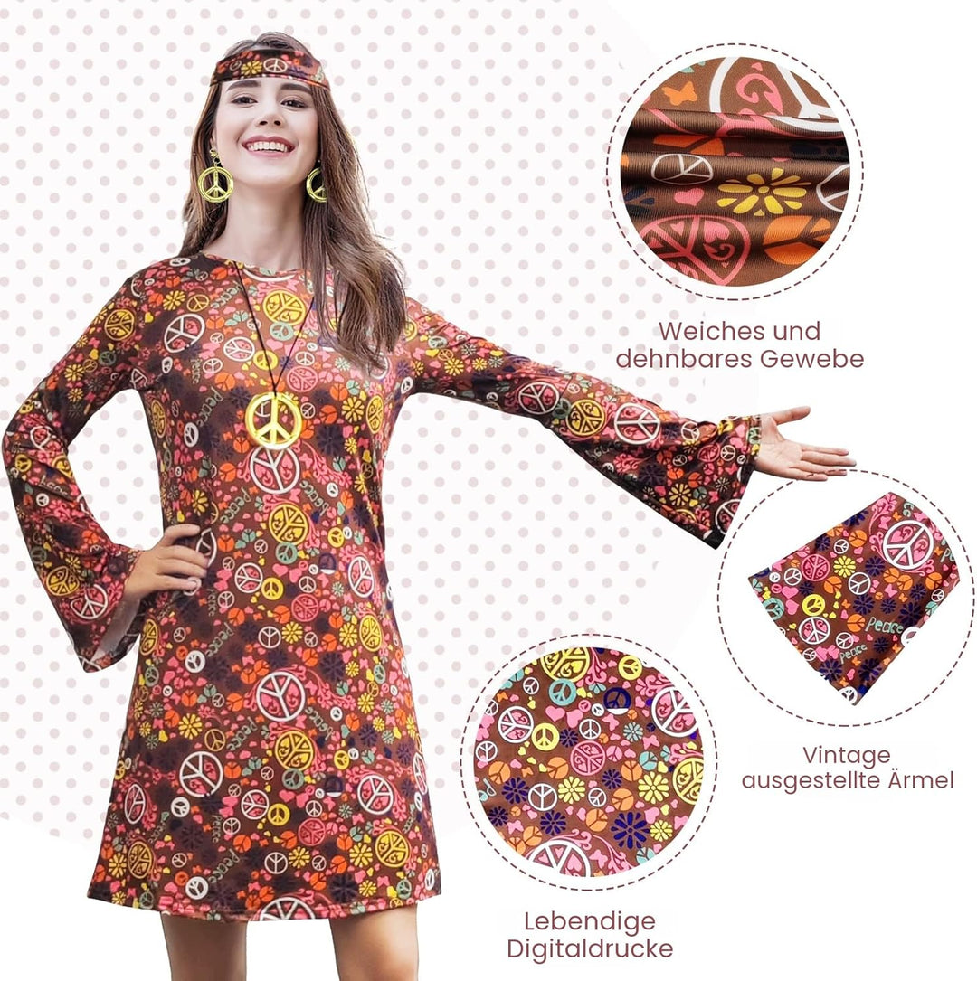 MRYUWB Damen-Hippie-Kleid, 1970er-Kostüm, mit Halskette, Ohrringen, Sonnenbrille, Disco-Outfit, 1960