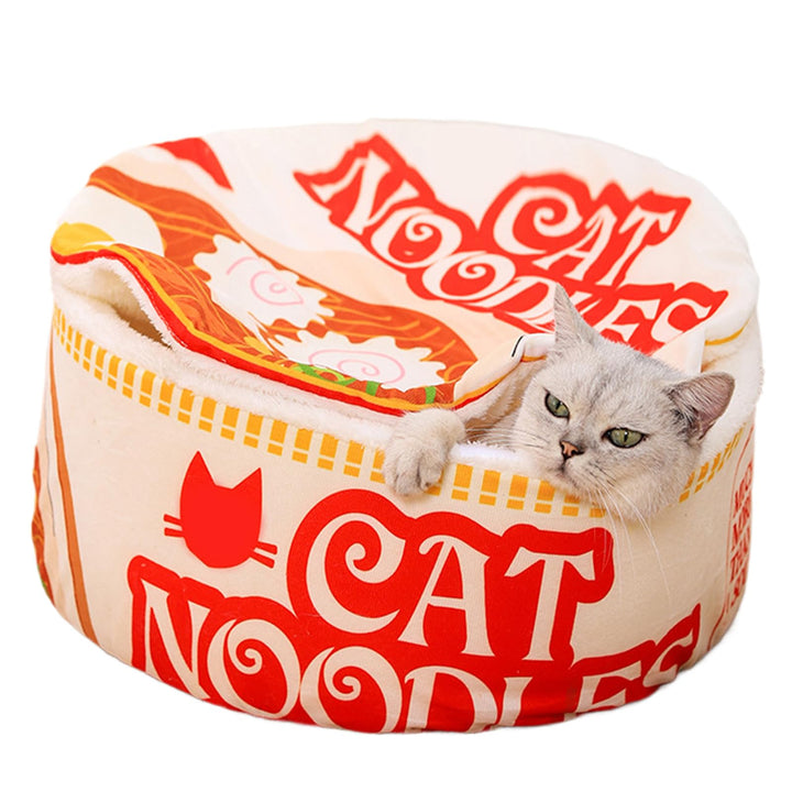 Ramen Cute Cat Bed Nest, Soft Noodle Bowl Design, Plush Covered Pet Sofa, Cozy Creative Kennel House