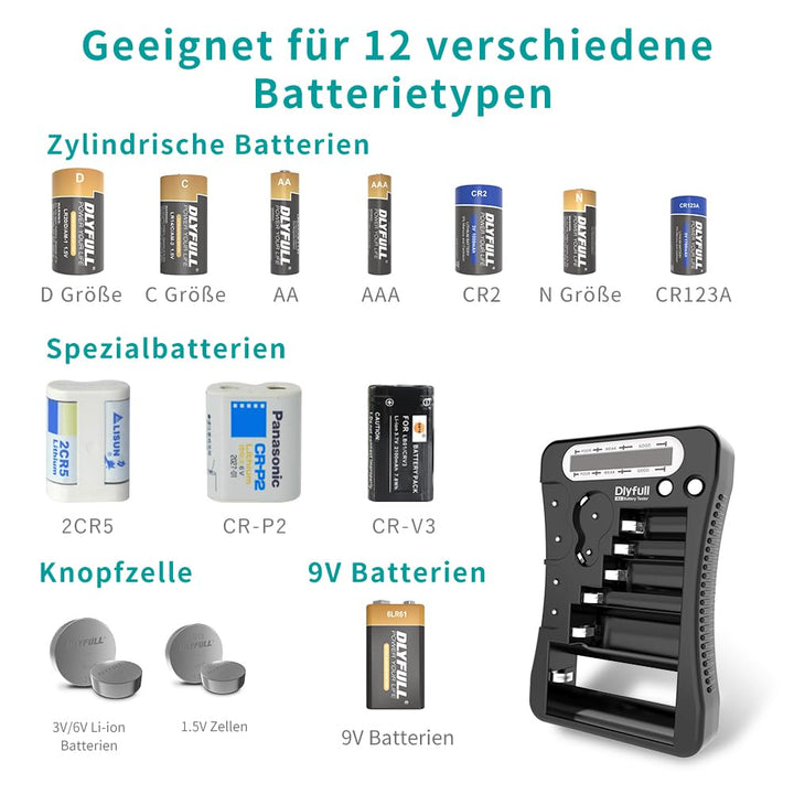 Dlyfull LCD Universal Batterietester für AA AAA C D 9V Digitaler Testgerät für CR123A CR2 CRV3 2CR5