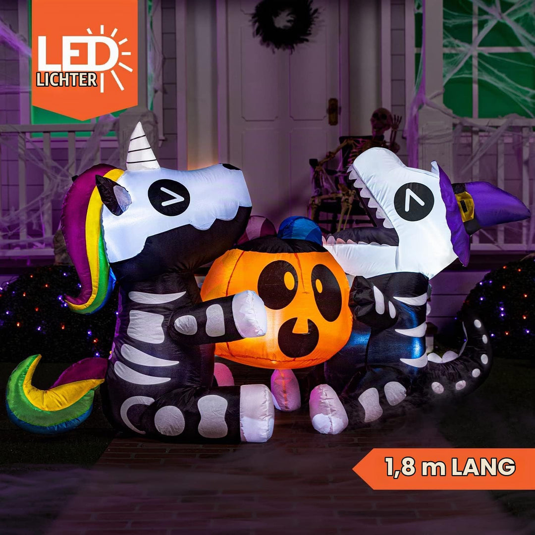 Joiedomi 1,8 m langes Halloween Aufblasbares Sitzendes Skelett Einhorn und Dinosaurier Halten Kürbis