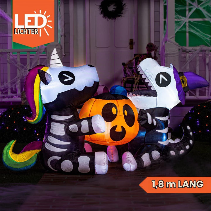 Joiedomi 1,8 m langes Halloween Aufblasbares Sitzendes Skelett Einhorn und Dinosaurier Halten Kürbis