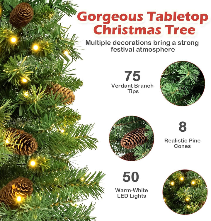 KOMFOTTEU künstlicher Weihnachtsbaum mini, Tisch Christbaum mit Tannenzapfen & Zweigspitzen, Kleiner