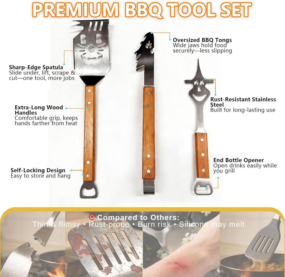 Grillbesteck Set 3-teilig Extra Lang – Edelstahl Grillbesteck mit Holzgriff & Tasche, Grillzubehör m
