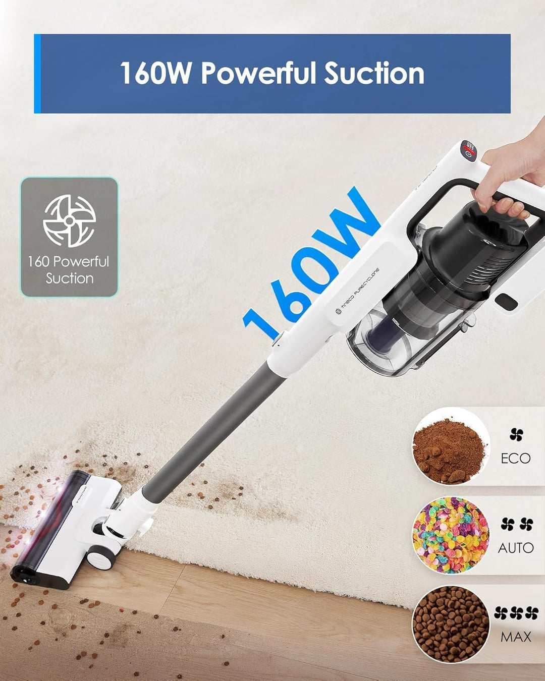 Tineco A30S Akku Staubsauger, Kabelloser Stabstaubsauger 160W 20000pa 60 Min Laufzeit, Handstaubsaug
