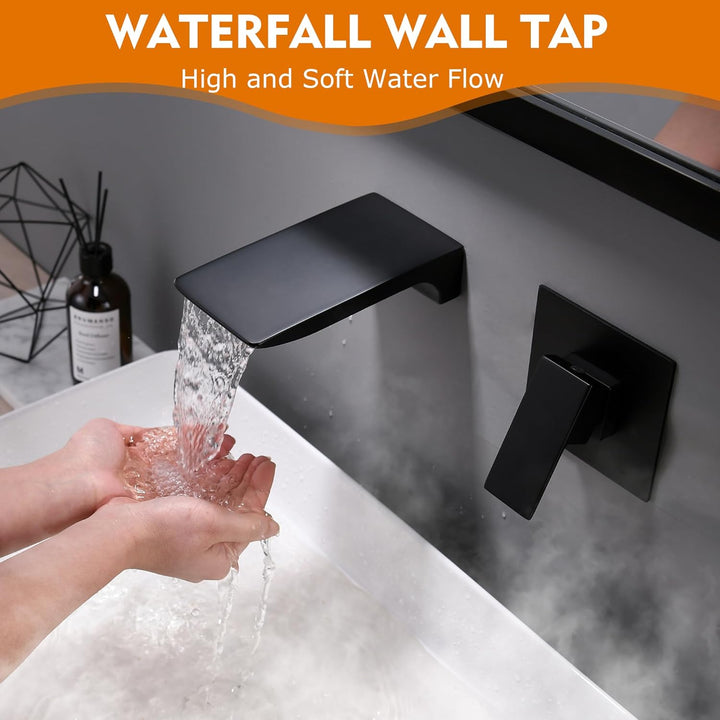 LIWEIKE Unterputz Waschtischarmatur Wandarmatur Schwarz Wasserhahn Wasserfall Wandmontage 2 loch Mis
