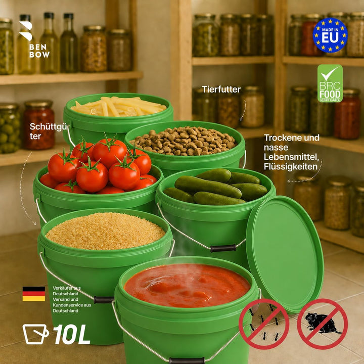 BenBow Eimer mit Deckel 10l grün 20x 10 Liter - lebensmittelecht, stabil, luftdicht, auslaufsicher,